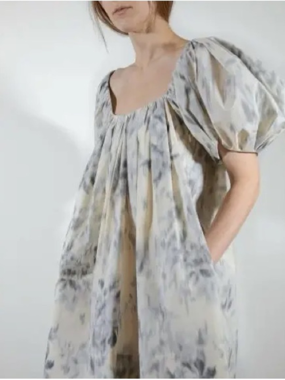 Rebecca Taylor Puff-Sleeve in Light Gray Abstract Floral BabyDoll Dress